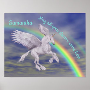 Unicorn vliegen over regenboogdromen gepersonalise poster