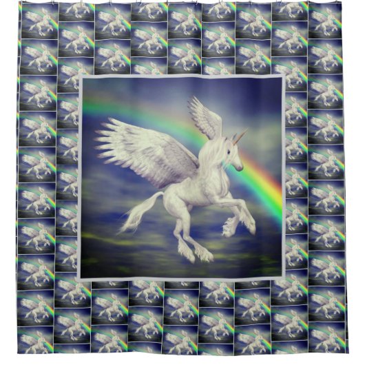 Unicorn vliegt over regenboogdierkunst douchegordijn (Voorkant)