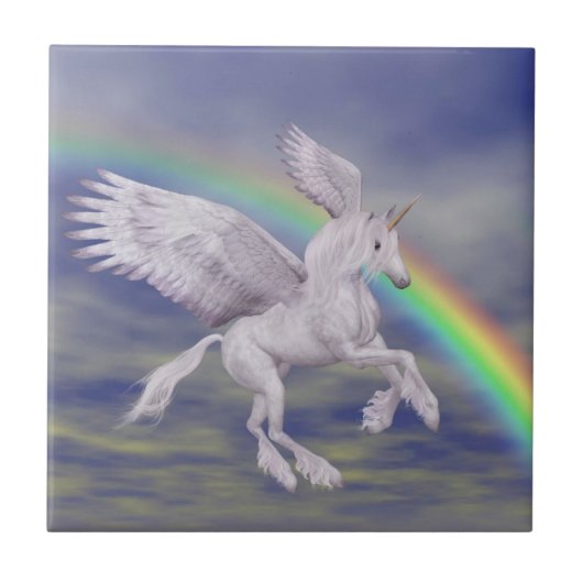 Unicorn vliegt over regenboogdierkunst tegeltje (Voorkant)