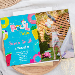 Unicorn watermelon Pool Birthday Invitation foto Kaart