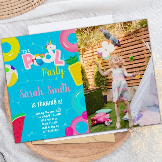 Unicorn watermelon Pool Birthday Invitation foto Kaart
