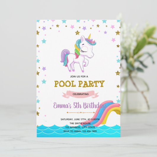 Unicorn waterslide pooluitnodiging kaart (Staand voorkant)