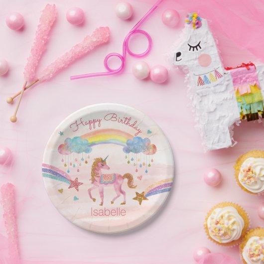 Unicorn Waterverf Faux Glitter Birthday Bord (Feest)
