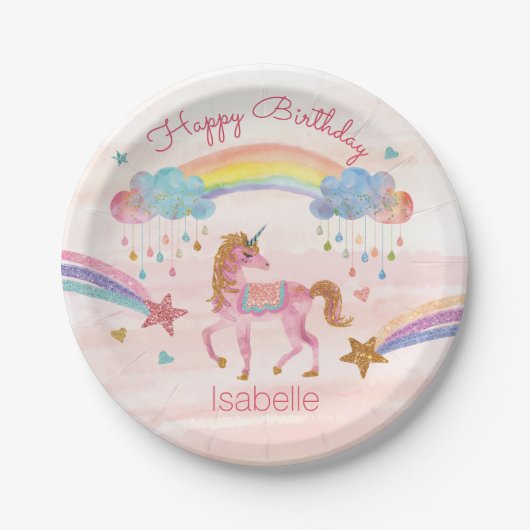 Unicorn Waterverf Faux Glitter Birthday Bord (Voorkant)