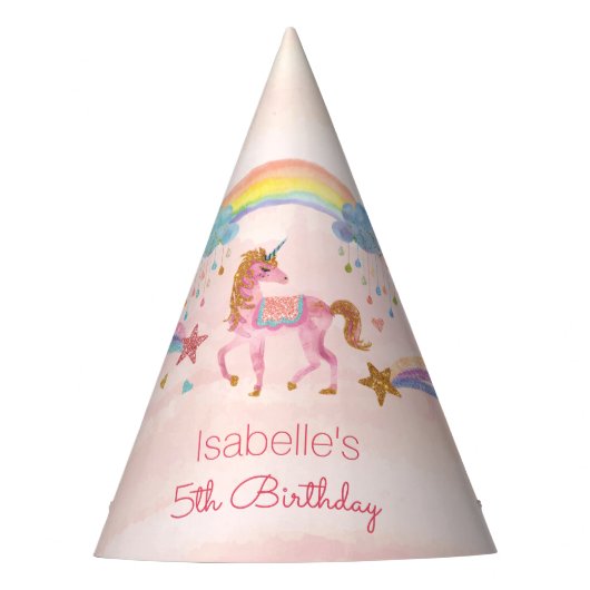 Unicorn Waterverf Faux Glitter Birthday Pet Feesthoedjes (Voorkant)