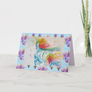 Unicorn Waterverf Floral pasta Birthday Card Kaart