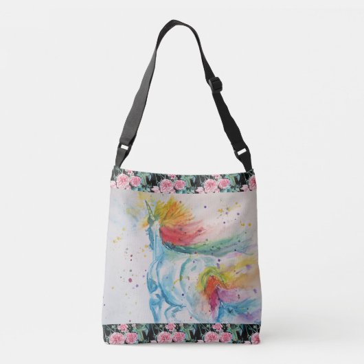 Unicorn Waterverf Regenboog Blauwgroen Rozen Flore Crossbody Tas (Achterkant)