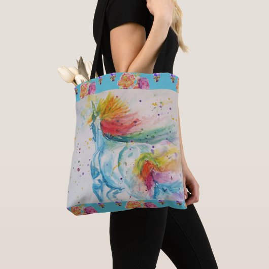 Unicorn Waterverf Regenboog Blauwgroen Rozen Flore Tote Bag (Dichtbij)