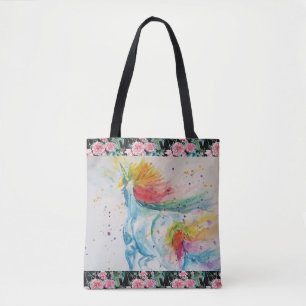 Unicorn Waterverf Regenboog Blauwgroen Rozen Flore Tote Bag