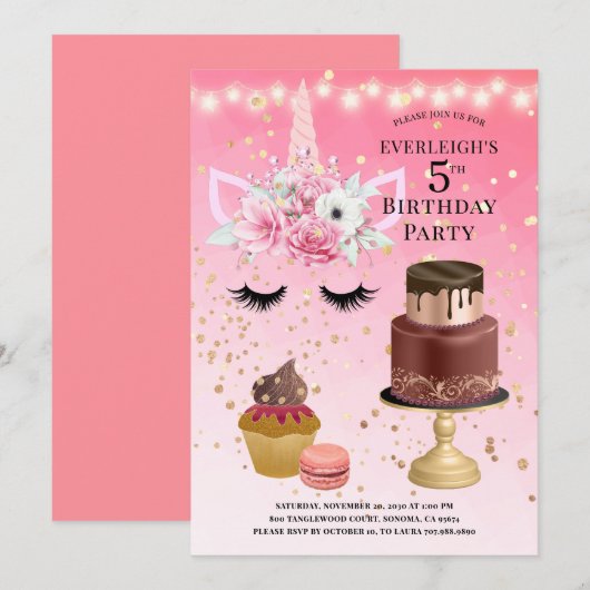 Unicorn Waterverf Roze Glitter 5th Birthday Kaart (Voorkant / Achterkant)