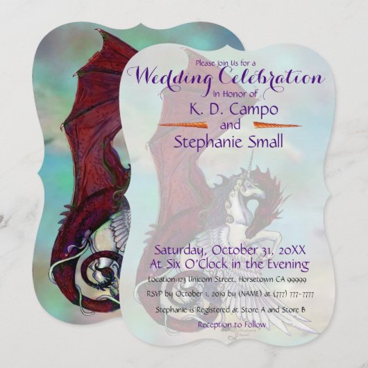 Unicorn Wedding Celebration Invitation Dragon Red Kaart (Voorkant / Achterkant)
