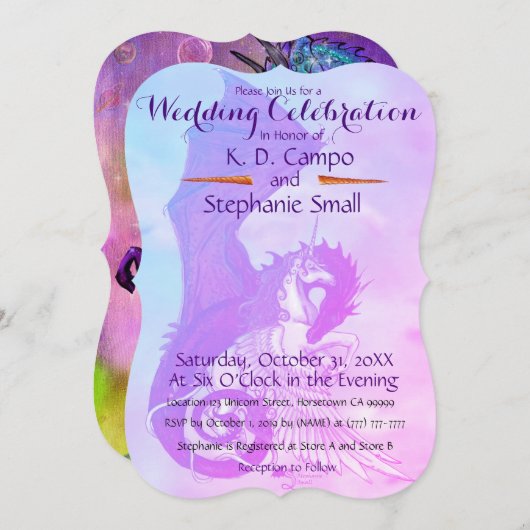 Unicorn Wedding Celebration Invitation Dragon Red Kaart (Voorkant / Achterkant)