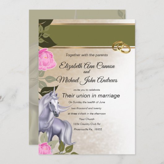Unicorn Wedding Invite Kaart (Voorkant / Achterkant)