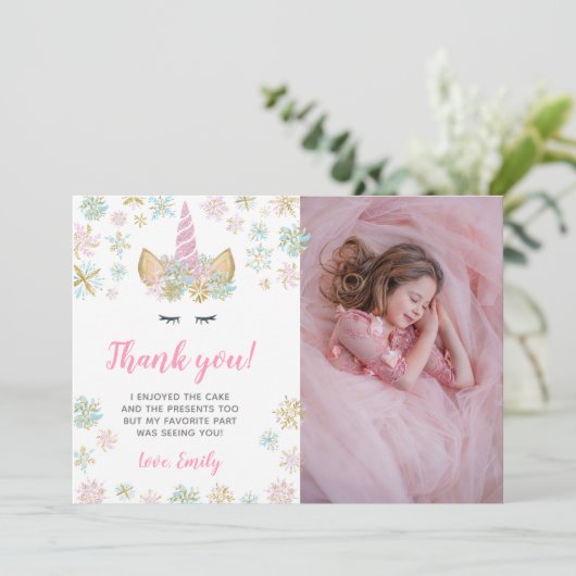 Unicorn Winter Birthday Bedankt voor je foto Kaart (Staand voorkant)