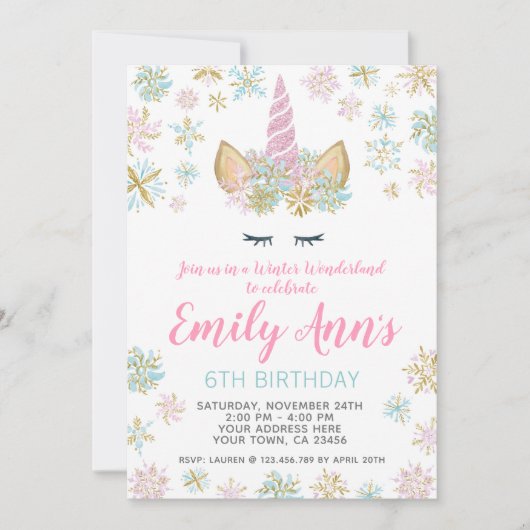Unicorn Winter Birthday Uitnodiging (Voorkant)