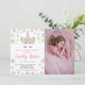 Unicorn Winter Verjaardag Uitnodiging met Foto (Staand voorkant)