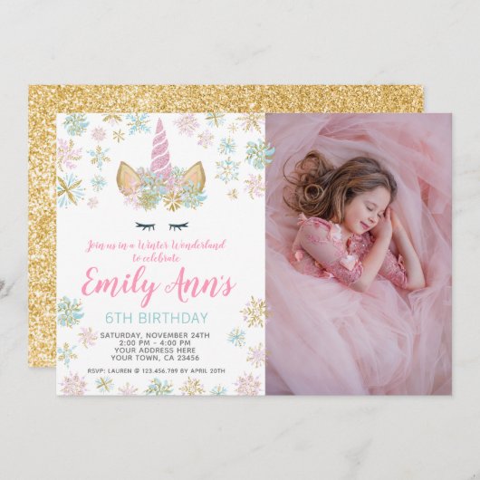 Unicorn Winter Verjaardag Uitnodiging met Foto (Voorkant / Achterkant)