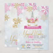 Unicorn Winter Wonderland Birthday Uitnodiging (Voorkant / Achterkant)