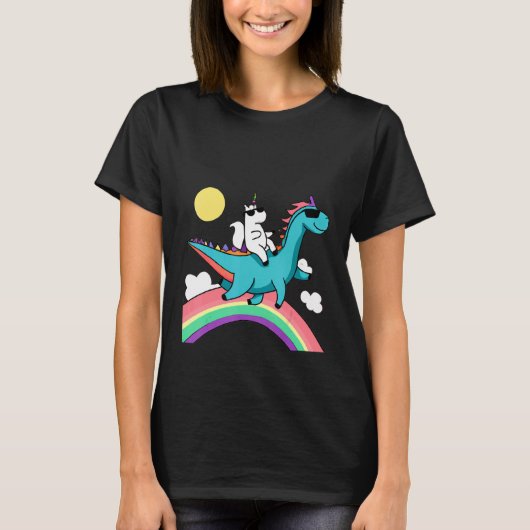 unicorn with sunglasses riding a dinosaur and rain t-shirt (Voorkant)