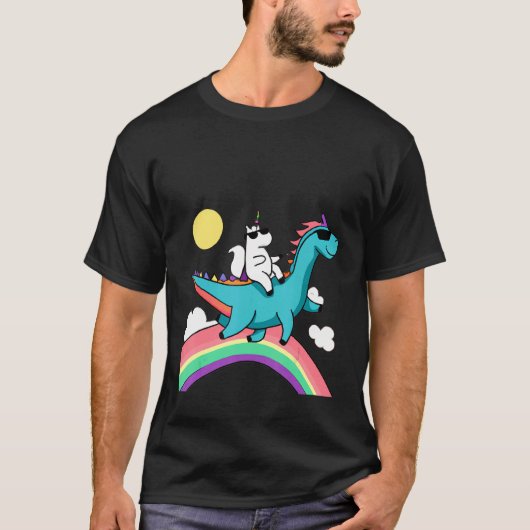 unicorn with sunglasses riding a dinosaur and rain t-shirt (Voorkant)