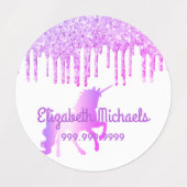 Unicorn witte paarse roze glitter drip meisjesnaam labels (Design 2)