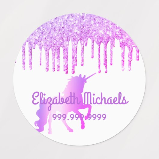 Unicorn witte paarse roze glitter drip meisjesnaam labels (Design 2)
