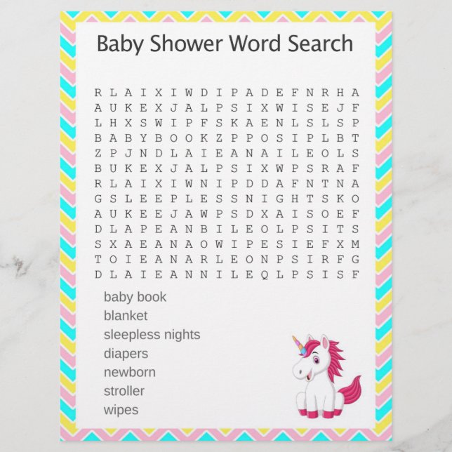 Unicorn Word Search Baby shower Game (Voorkant)