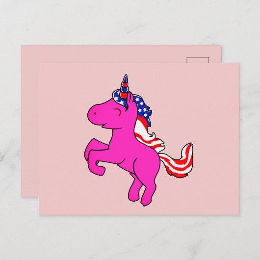 Unicorn Yarrow Pink Patriotic USA Flag Mane Art Briefkaart (Voorkant / Achterkant)