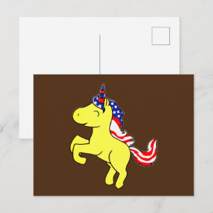 Unicorn Yellow Patriotic USA Flag Mane Cartoon Briefkaart