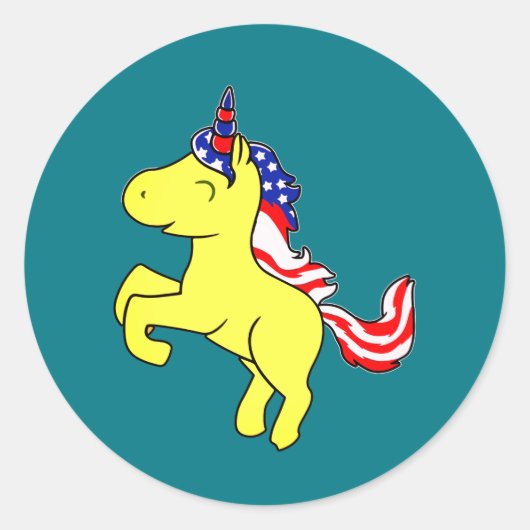 Unicorn Yellow Patriotic USA Flag Mane Cartoon Ronde Sticker (Voorkant)
