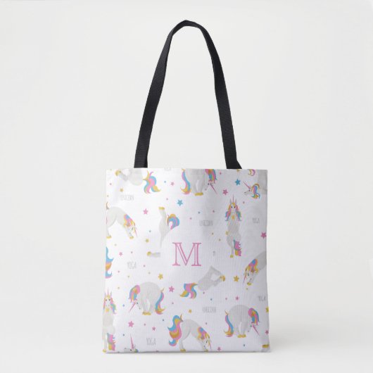 Unicorn yoga grappige glimlach witte monogram tote bag (Voorkant)