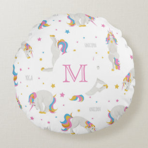 Unicorn yoga grappige glimlach witte whimsical rond kussen