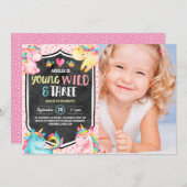 Unicorn Young Wild & Three Birthday Party Foto Kaart (Voorkant / Achterkant)