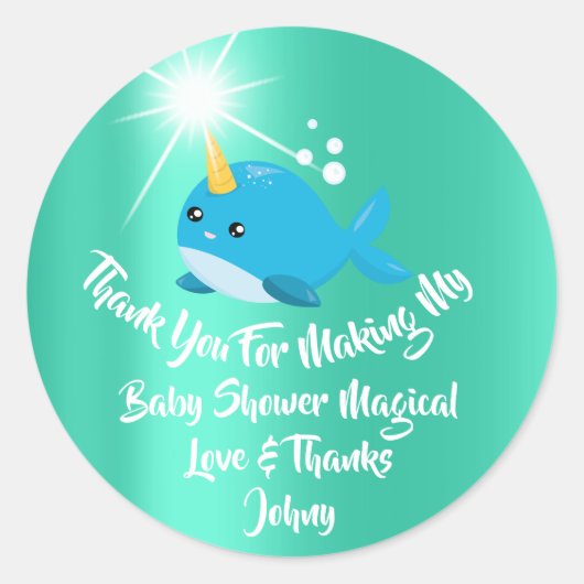 Unicorn Zee Whale Favor Hartelijk dank Baby shower Ronde Sticker (Voorkant)