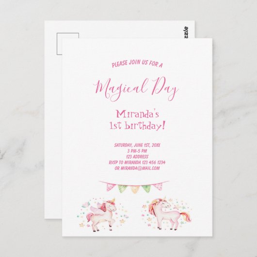Unicorns 1e verjaardagsfeestje meisjesuitnodiging briefkaart (Voorkant / Achterkant)