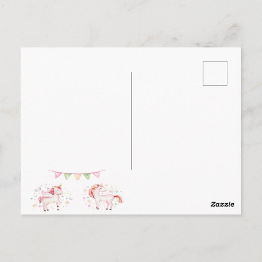 Unicorns 1e verjaardagsfeestje meisjesuitnodiging briefkaart (Achterkant)