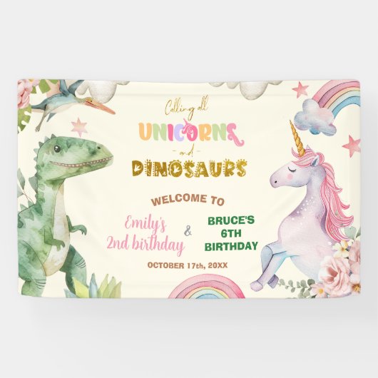 Unicorns and Dinosaurs Joint Sibling Welcome Sign Spandoek (Horizontaal)