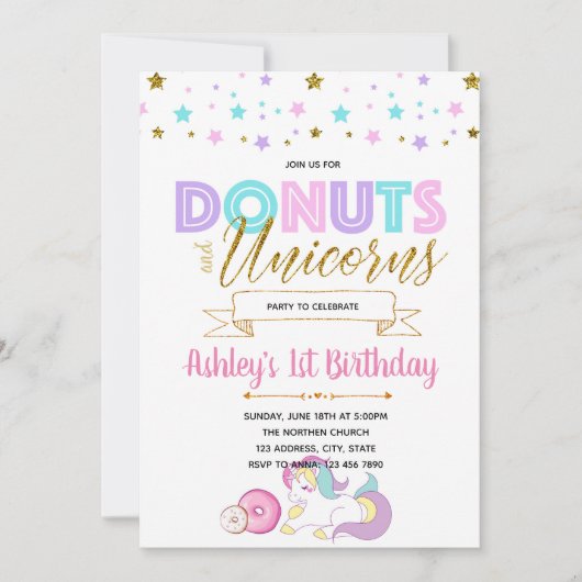 Unicorns and donuts party call kaart (Voorkant)