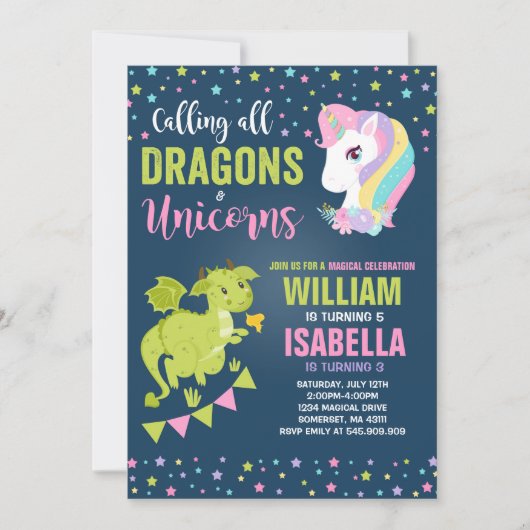 Unicorns and Dragons Birthday Invitation Magical Kaart (Voorkant)