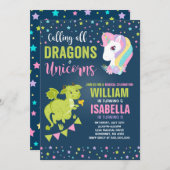 Unicorns and Dragons Birthday Invitation Magical Kaart (Voorkant / Achterkant)