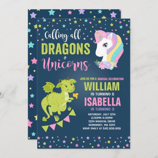 Unicorns and Dragons Birthday Invitation Magical Kaart (Voorkant / Achterkant)