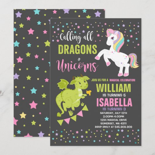 Unicorns and Dragons Birthday Invitation Magical Kaart (Voorkant / Achterkant)