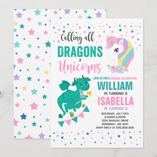 Unicorns and Dragons Birthday Invitation Magical Kaart (Voorkant / Achterkant)