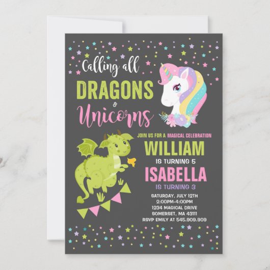 Unicorns and Dragons Birthday Invitation Magical Kaart (Voorkant)