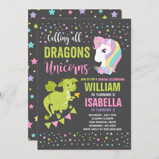 Unicorns and Dragons Birthday Invitation Magical Kaart (Voorkant / Achterkant)