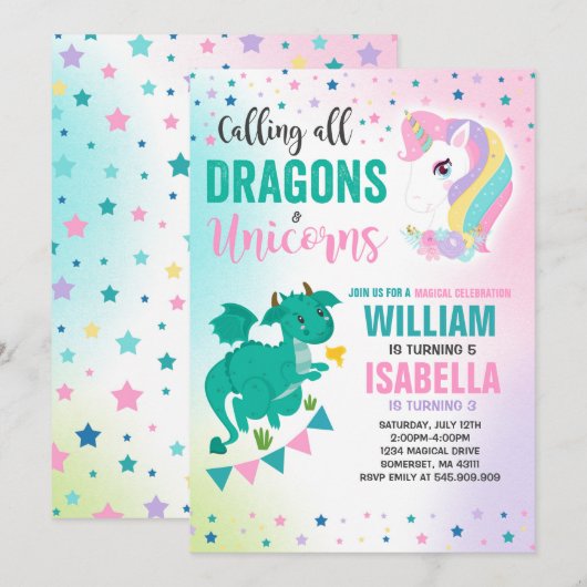 Unicorns and Dragons Birthday Invitation Magical Kaart (Voorkant / Achterkant)