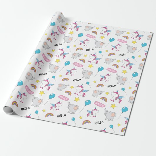 Unicorns en olifanten cadeaupapier (Uitgerold)