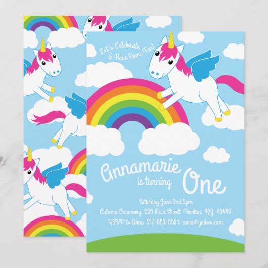 Unicorns en Rainbow 1st Birthday Cute Invitations Kaart (Voorkant / Achterkant)