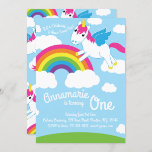 Unicorns en Rainbow 1st Birthday Cute Invitations Kaart