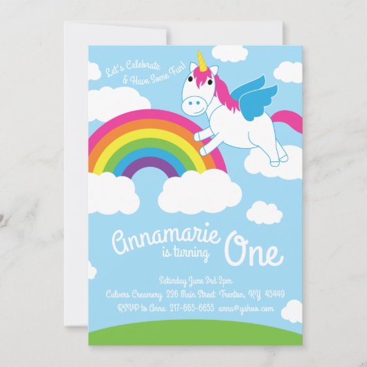 Unicorns en Rainbow 1st Birthday Cute Invitations Kaart (Voorkant)